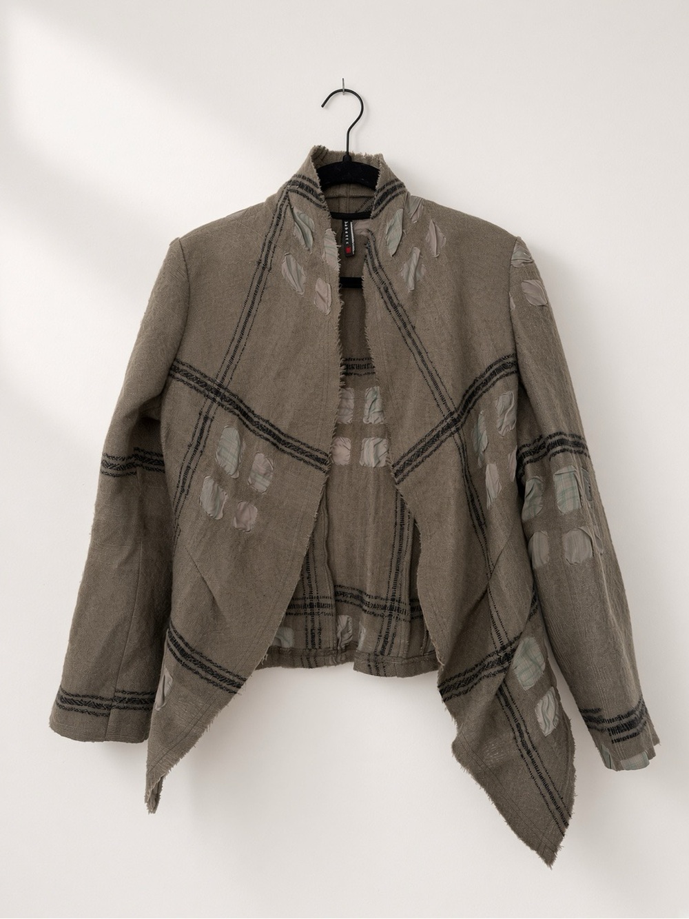 Babette Taupe Open Front Textured Jacket Black Stripes Sheer Patches Artsy Layer